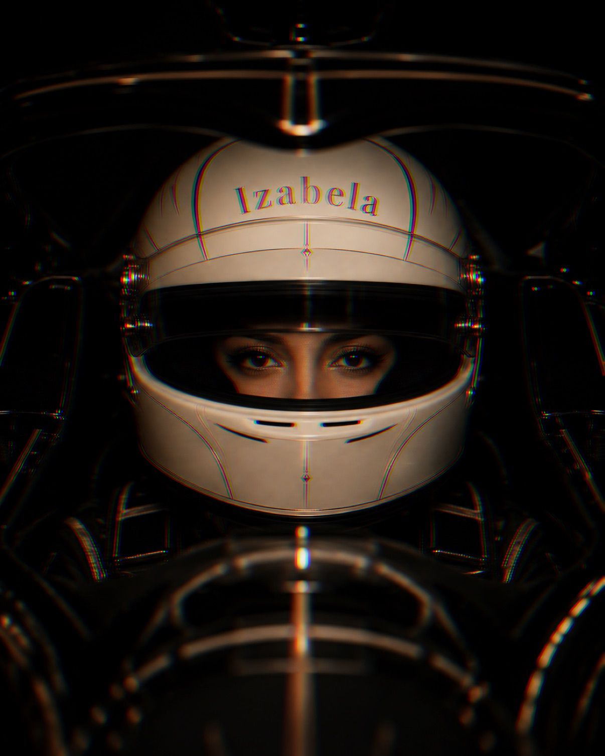 Presença esportiva cinematográfica com capacete Izabela